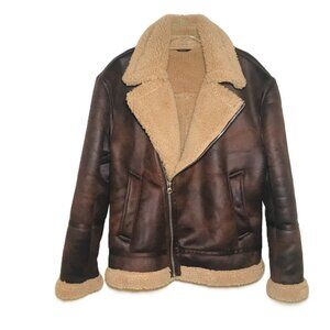 Zara Women's Brown Faux Leather Sherpa Aviator Bomber Jacket Coat Size M - EUC!